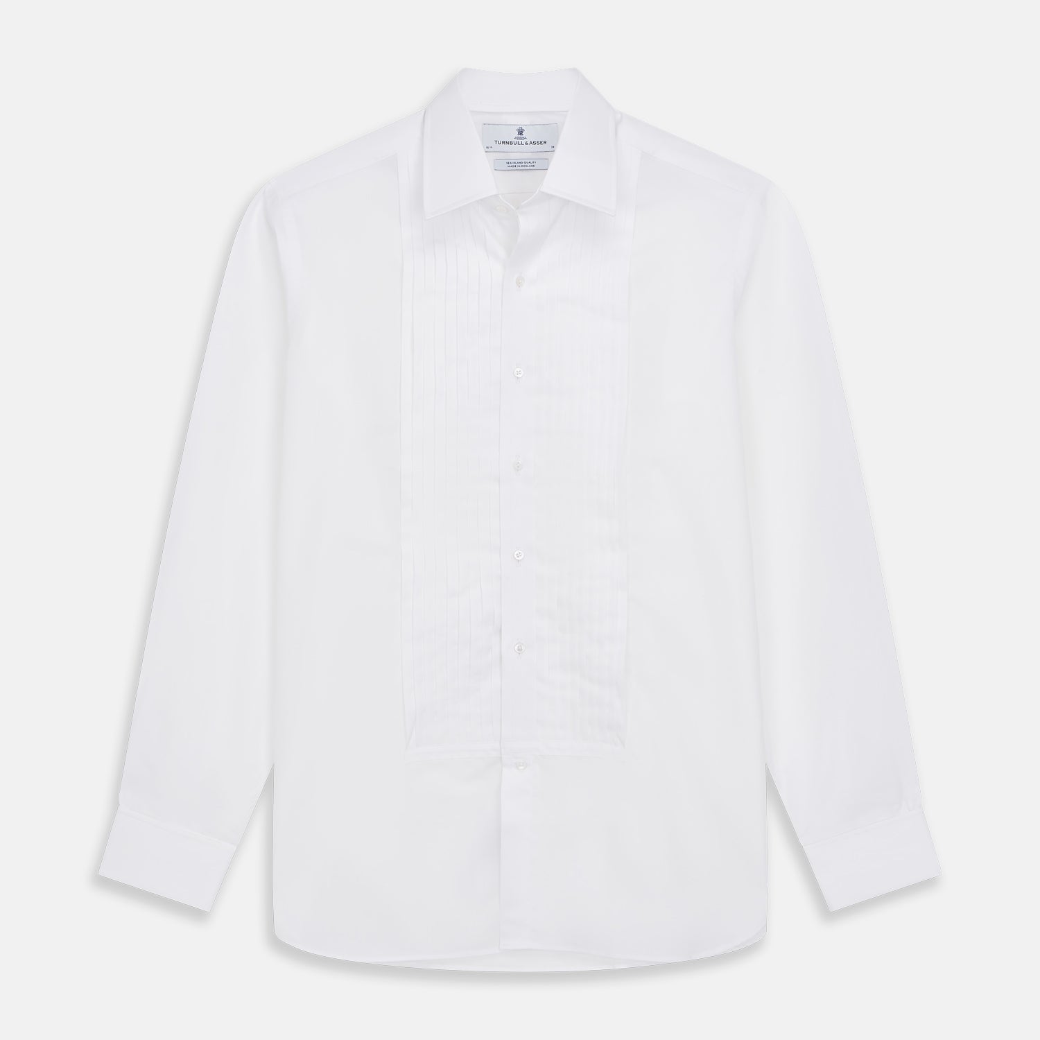 View 1 of product The Turnbull & Asser White Pleated Cotton Dress Shirt features a T&A collar and double cuffs, shown laid flat on a white background.