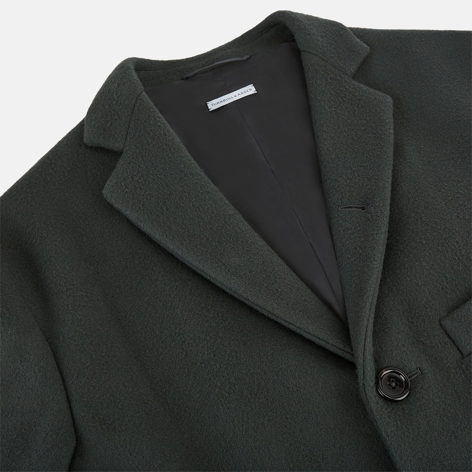 View 2 of product The Turnbull & Asser Moss Green Apsley Single-Breasted Caban Coat, featuring three buttons, a notched lapel, and three front pockets, is showcased on a plain white background.