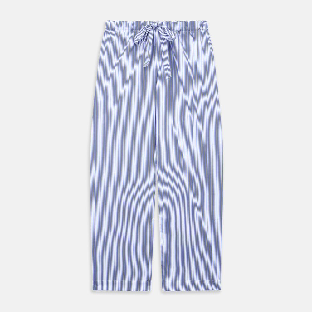 The Turnbull & Asser Women's Harriet Blue Bengal Stripe Pyjama Set features premium cotton, a long-sleeve button-up top with chest pocket, and drawstring pants—an ideal gift option.