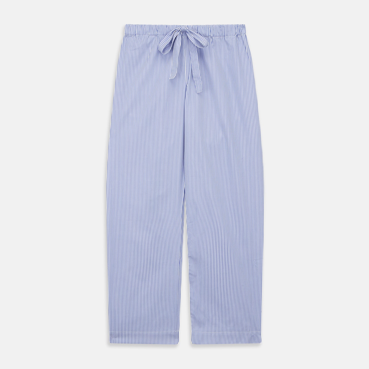 View 6 of product The Turnbull & Asser Women's Harriet Blue Bengal Stripe Pyjama Set features premium cotton, a long-sleeve button-up top with chest pocket, and drawstring pants—an ideal gift option.