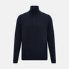View 1 of product The Midnight Blue Half-Zip Cashmere Jumper by Turnbull & Asser features a stand collar, long sleeves, and quarter-zip closure, crafted from premium cashmere and shown against a plain white background.