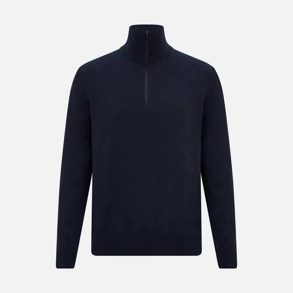 The Midnight Blue Half-Zip Cashmere Jumper by Turnbull & Asser features a stand collar, long sleeves, and quarter-zip closure, crafted from premium cashmere and shown against a plain white background.