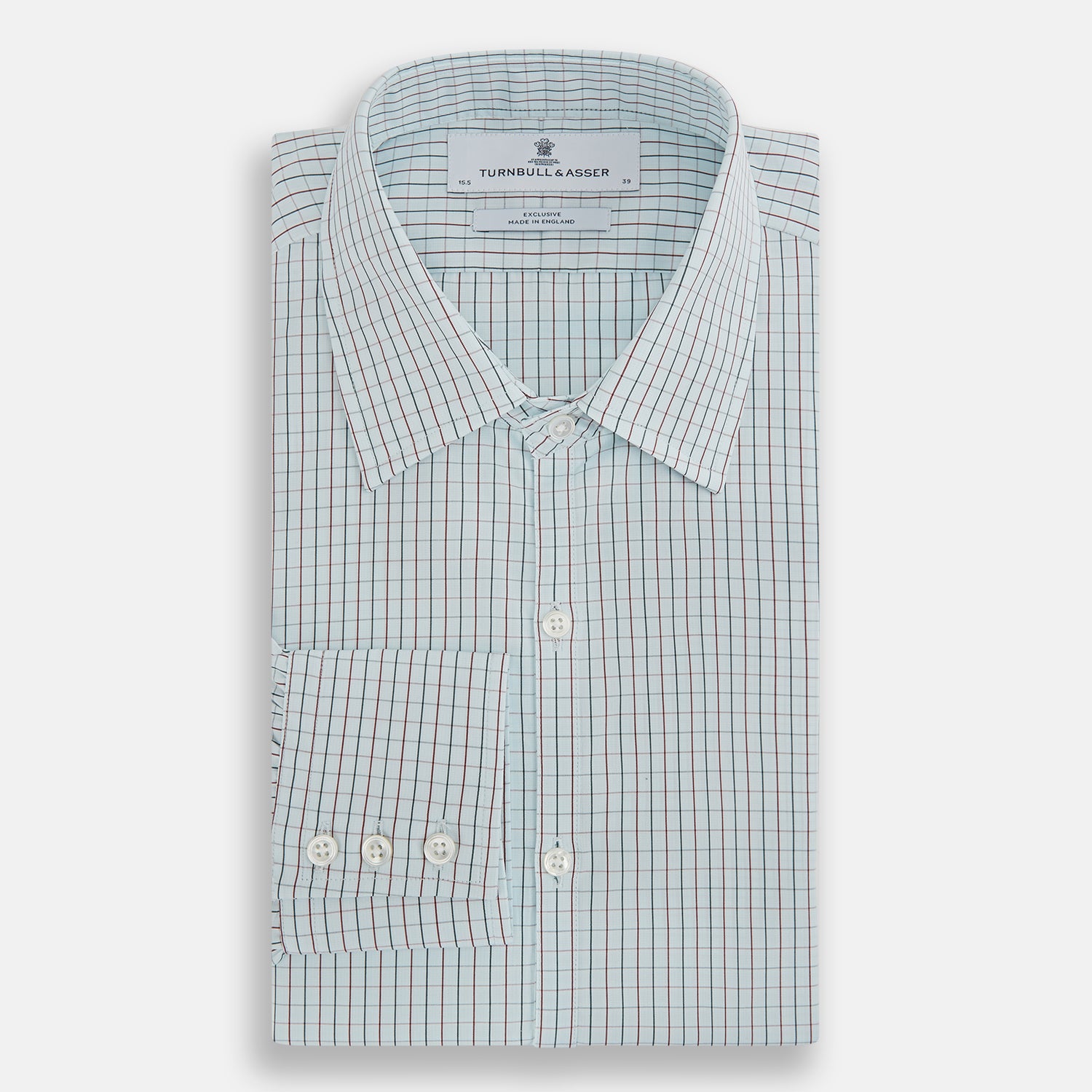 View 5 of product The Turnbull & Asser Forest Melange and Red Overlay Grid Check Westminster Shirt features long sleeves, a pointed collar, and buttoned cuffs, highlighting British craftsmanship. It's shown laid flat against a white background.