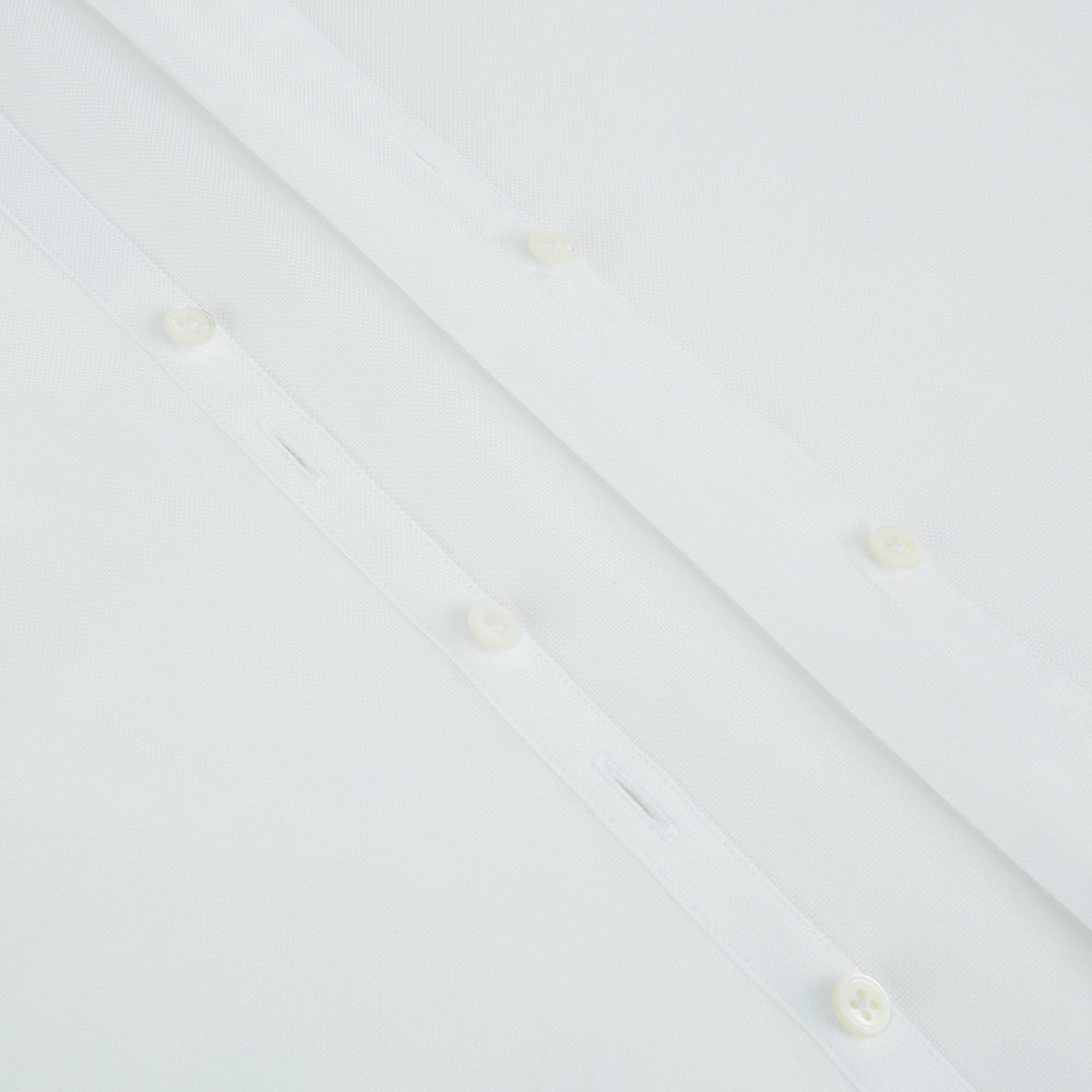 The Turnbull & Asser White Royal Oxford Cotton Windsor Shirt features a Turnbull open collar, long sleeves, 3-button cuffs, and a straight hem, shown against a plain white background.