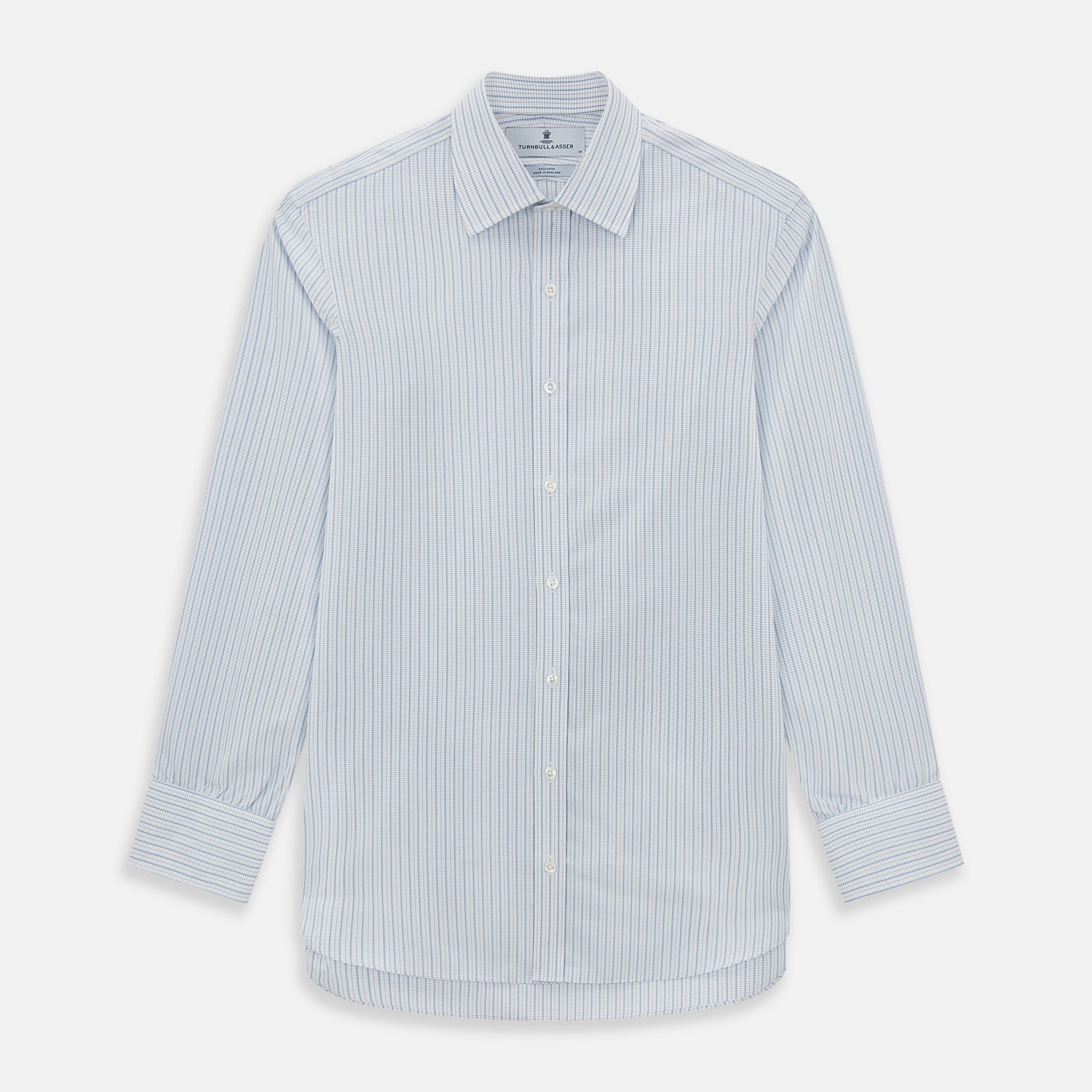 View 1 of product The Turnbull & Asser Blue Graph Check Mayfair Shirt features a classic T&A collar, Mayfair fit, buttoned cuffs, and long sleeves with light blue graph checks on a white background.
