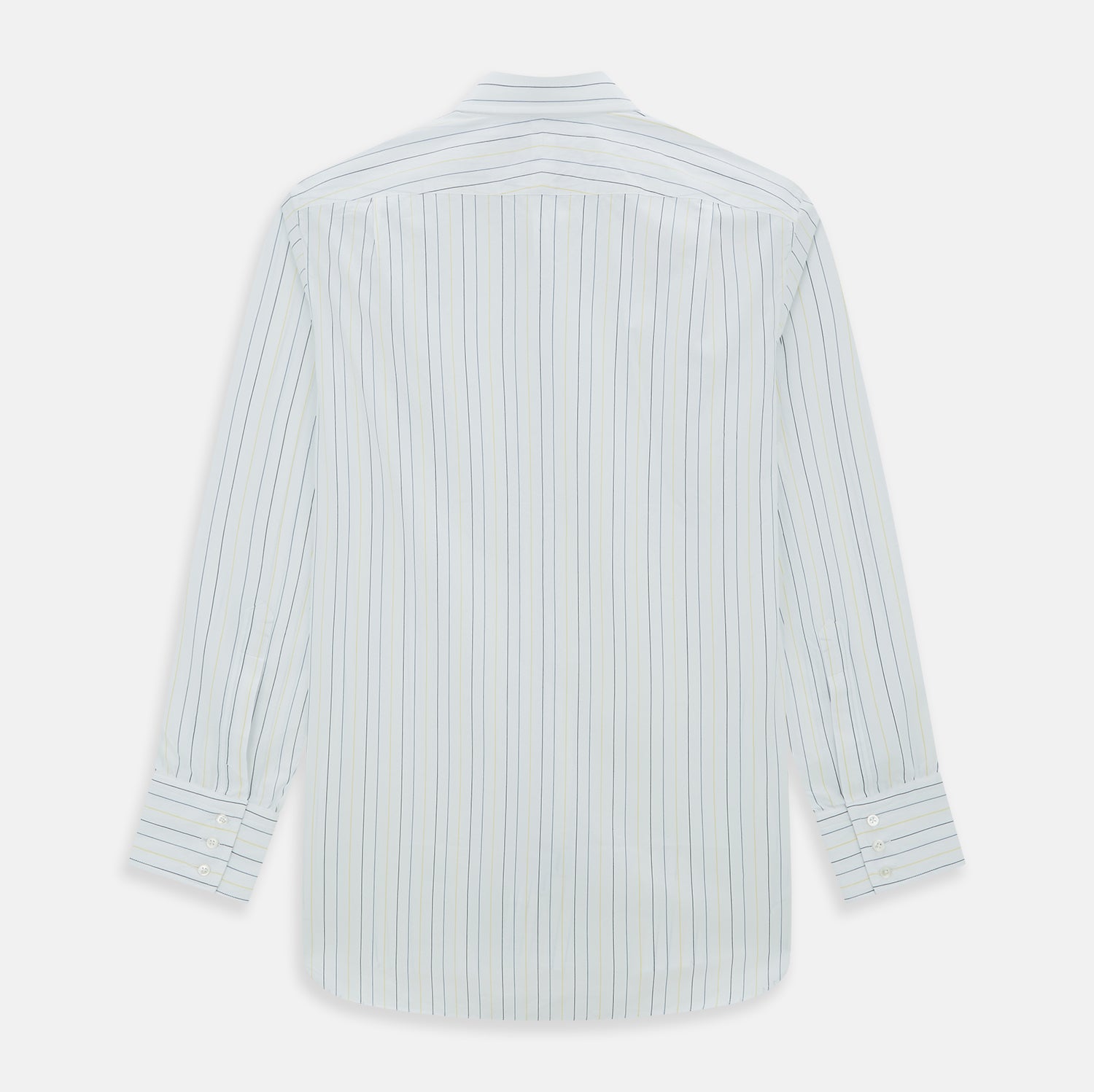 View 3 of product The Navy and Yellow Wide Pinstripe Mayfair Shirt by Turnbull & Asser is a long-sleeve, button-up shirt with wide navy and yellow pinstripes, a collar, and buttoned cuffs, laid flat on a white surface.