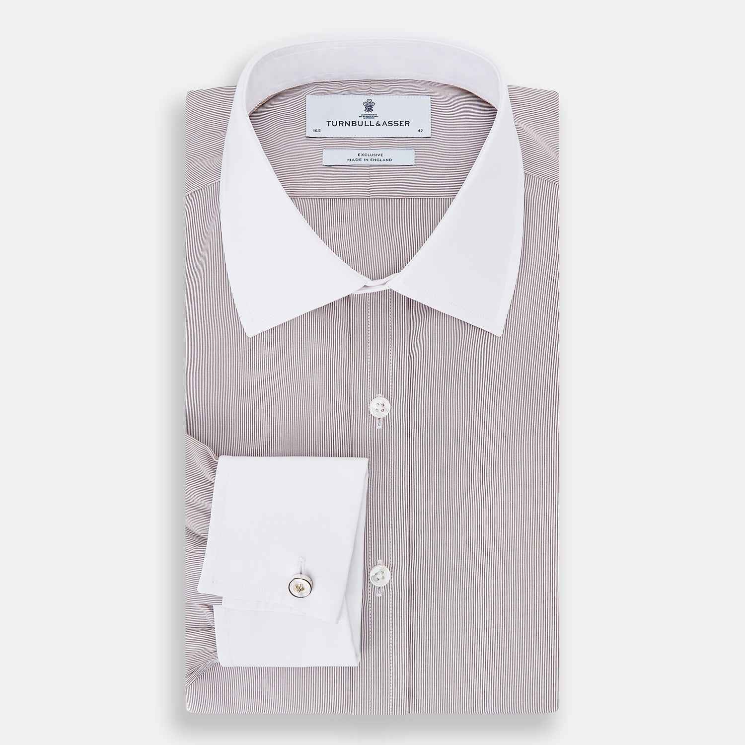 View 5 of product A Turnbull & Asser Burgundy Hairline Stripe Shirt with a contrast white collar and double cuffs, showcasing a tailored fit and button-down front, displayed against a plain white background.