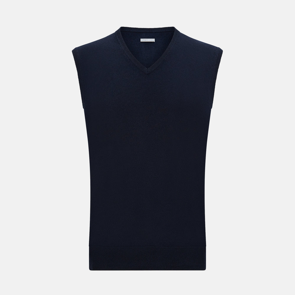 The Turnbull & Asser Navy Cashmere V-neck Vest is displayed against a plain white background.