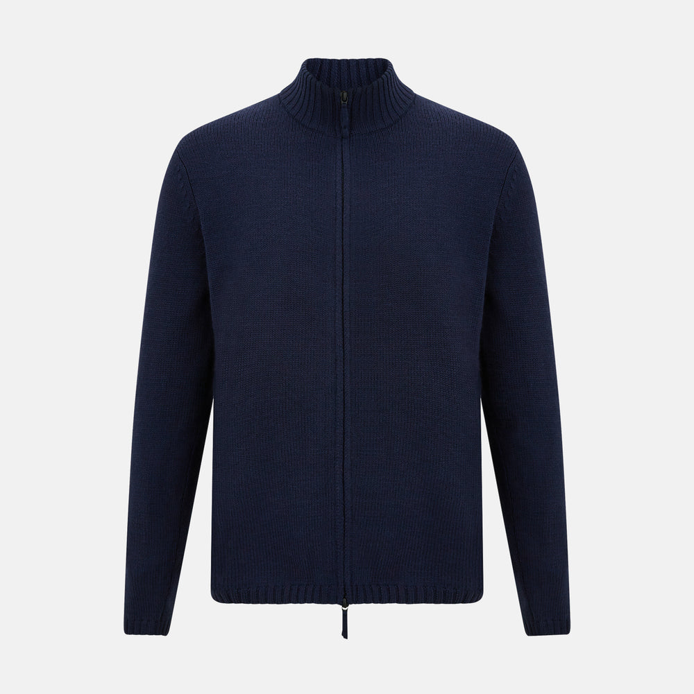 The Turnbull & Asser Navy High Neck Merino Zipped Cardigan is a long-sleeve knit with ribbed mock neck, cuffs, and hem, shown on a plain white background.