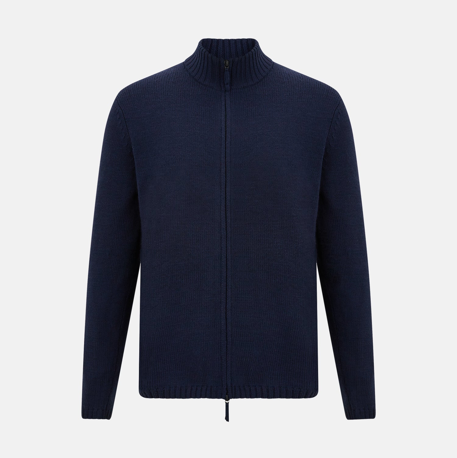 View 1 of product The Turnbull & Asser Navy High Neck Merino Zipped Cardigan is a long-sleeve knit with ribbed mock neck, cuffs, and hem, shown on a plain white background.