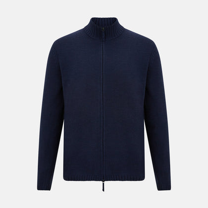 Navy High Neck Merino Zipped Cardigan
