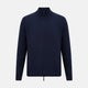 The Turnbull & Asser Navy High Neck Merino Zipped Cardigan is a long-sleeve knit with ribbed mock neck, cuffs, and hem, shown on a plain white background.