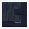 View 1 of product The Turnbull & Asser Navy and Light Blue Stripe Silk Pocket Square features hand-rolled edges and "Turnbull & Asser Hand Printed in England" in white text.