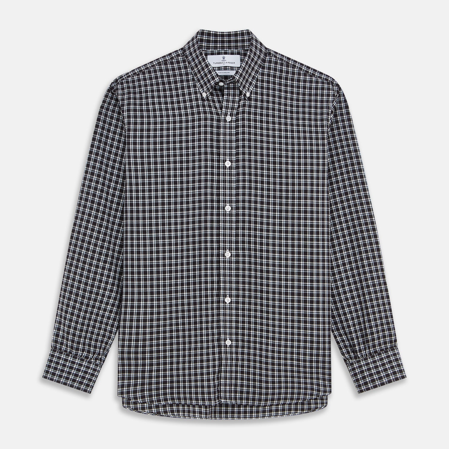 View 1 of product The Turnbull & Asser Black Multi Check Cotton Blend Weekend Fit Hayne Shirt features a Dorset button-down collar and white buttons, with a black and white plaid pattern, shown laid flat on a white background.