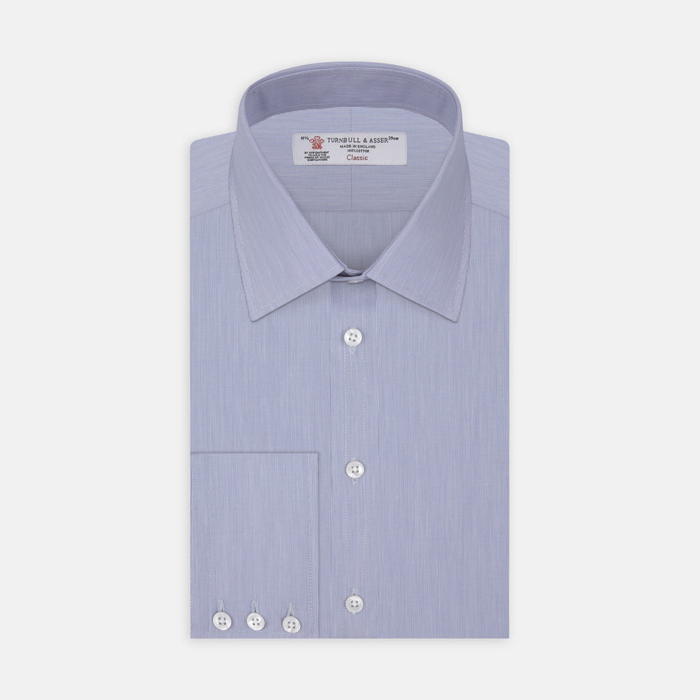 The Turnbull & Asser Blue Hairline Stripe Shirt features a T&A collar, 3-button cuffs, and subtle stripes, displayed neatly folded against a plain white background.