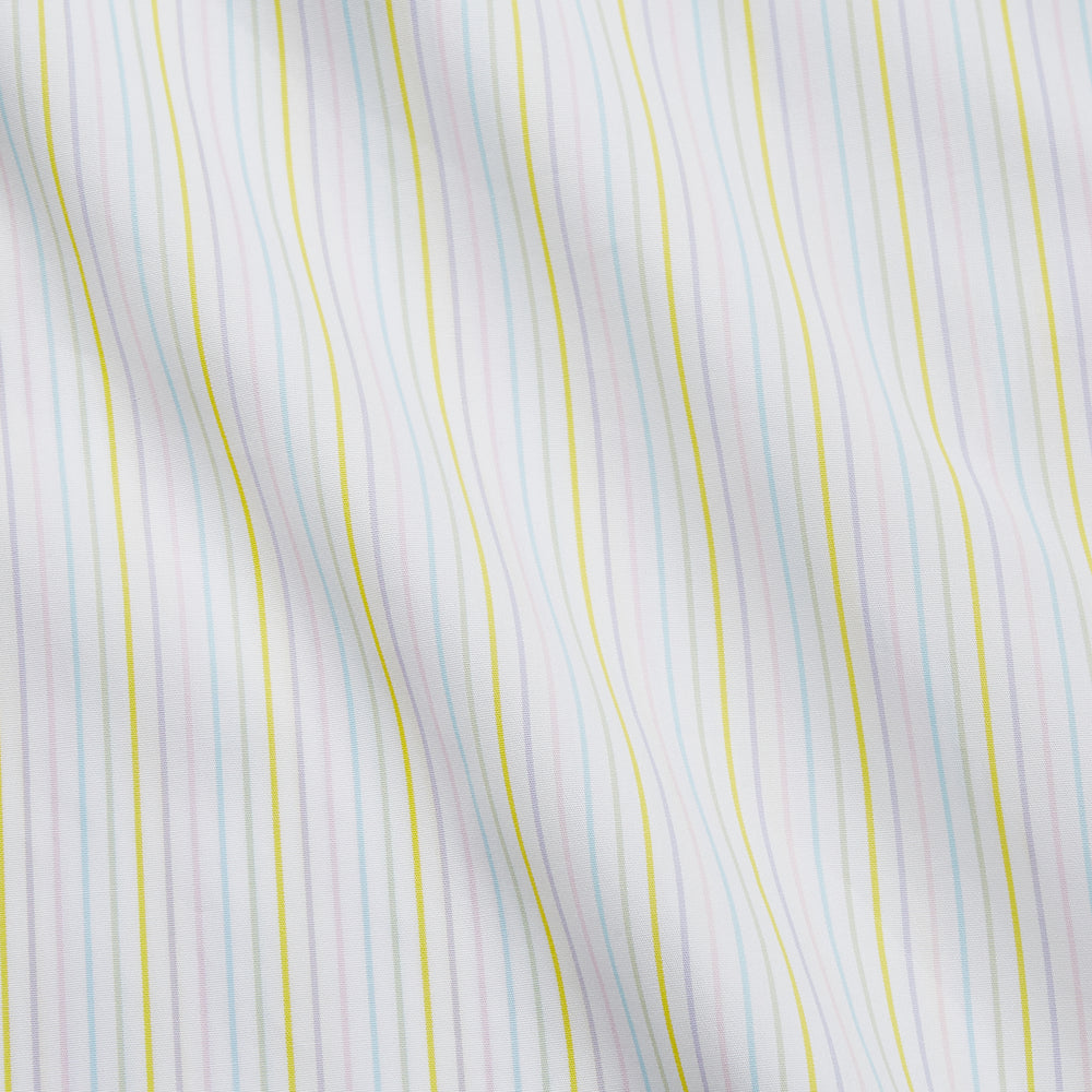 The Turnbull & Asser Yellow Multi Stripe Cotton Regular Fit Whitby Shirt features long sleeves, a classic collar, and thin yellow and blue stripes on white, displayed on a plain white surface.