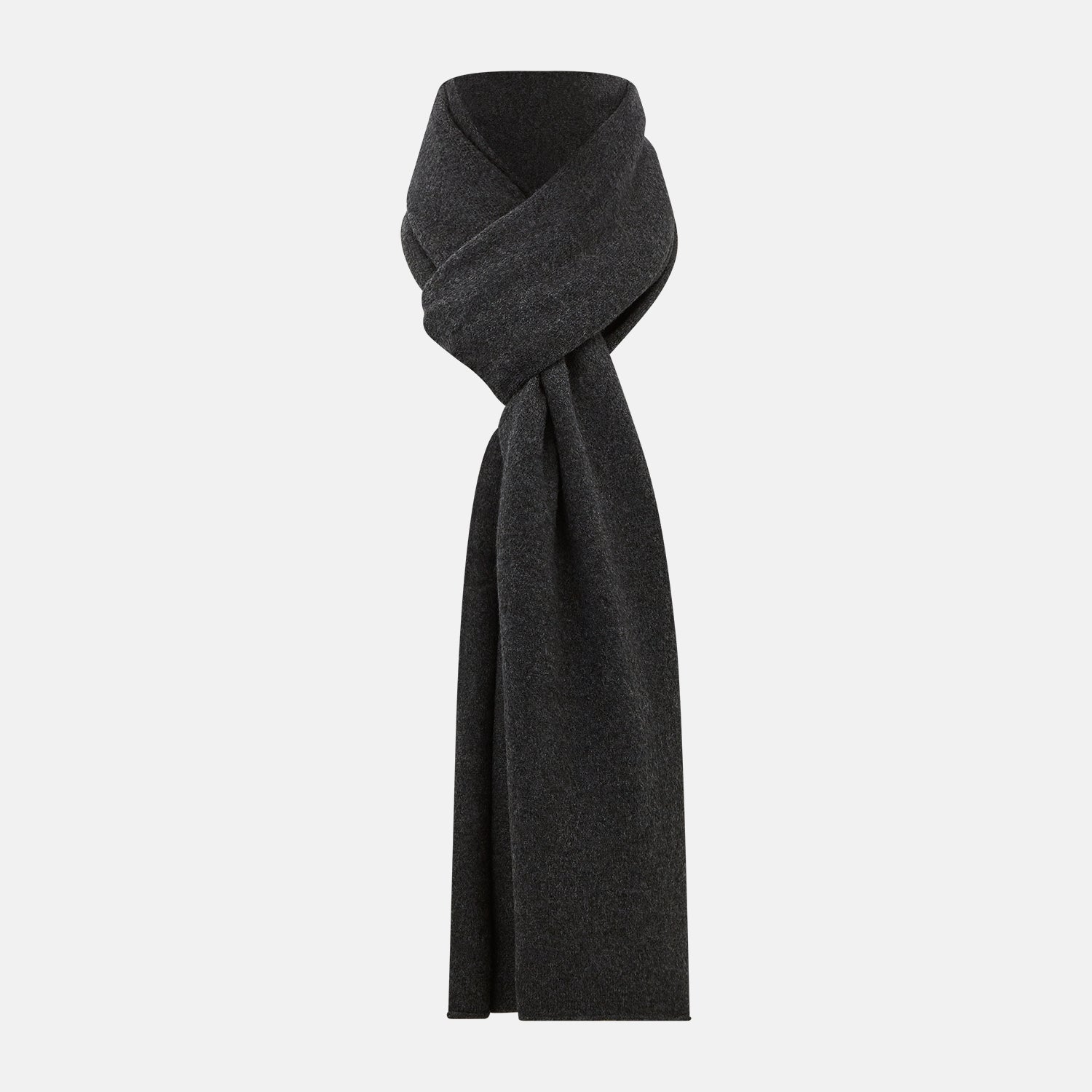 View 1 of product The Turnbull & Asser Plain Charcoal Cashmere Knitted Scarf, shown tied simply against a white background, is a classic luxury accessory perfect for any wardrobe.