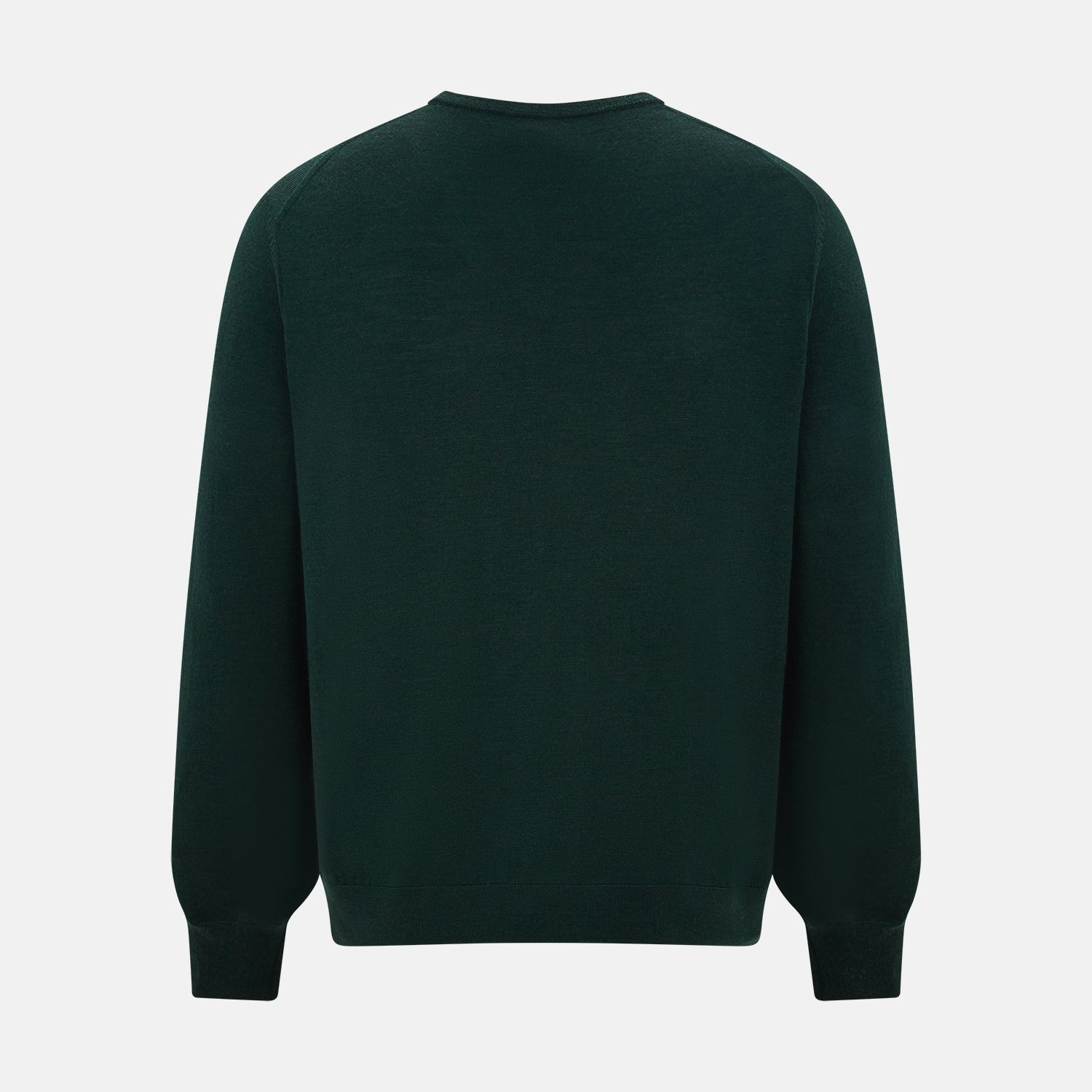 View 3 of product The Turnbull & Asser Petrol Green Merino V-Neck Jumper features long sleeves and ribbed cuffs and hem—an essential knitwear piece, shown against a white background.