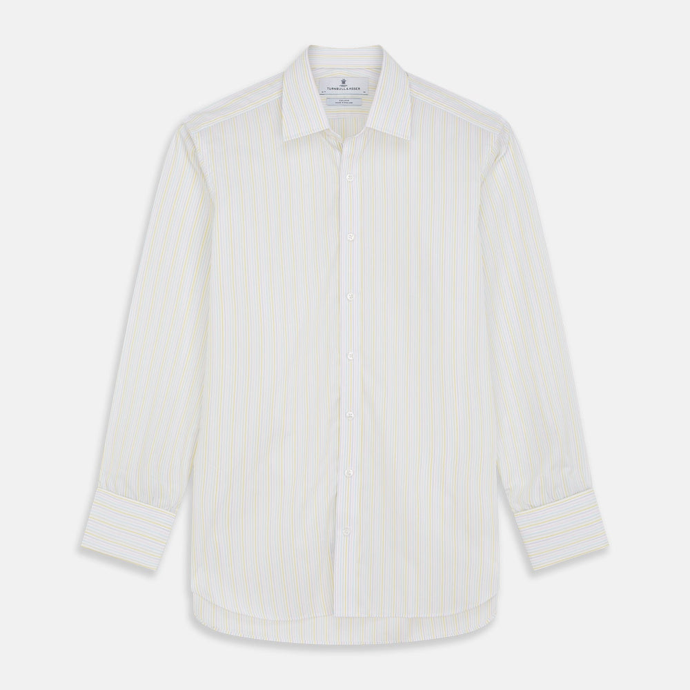 A close-up of Turnbull & Asser's Yellow Multi Stripe Cotton Fabric, featuring soft white cotton with vertical pastel yellow, blue, and pink stripes, displayed inside a gray circular border with a slightly wrinkled texture.