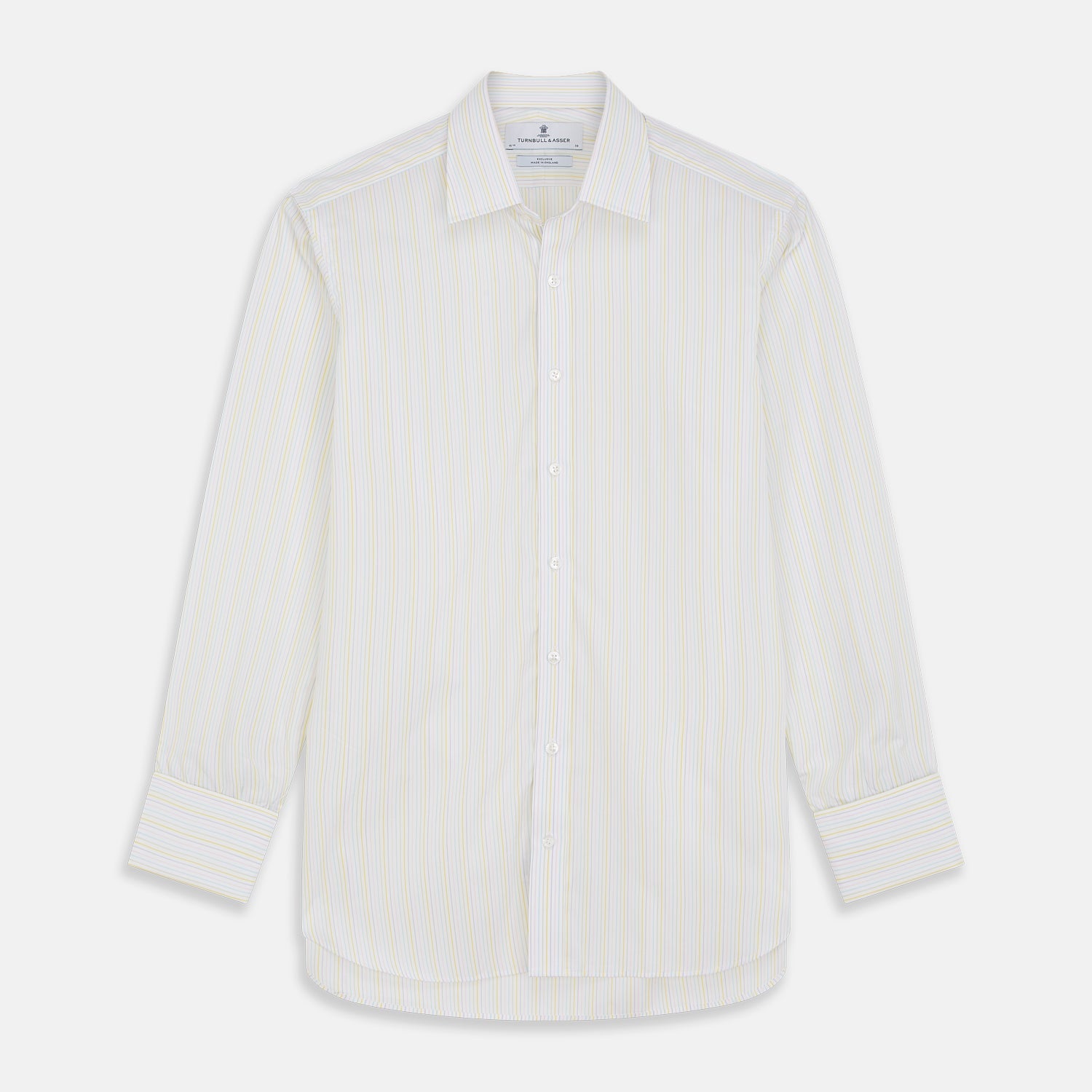 View 2 of product A close-up of Turnbull & Asser's Yellow Multi Stripe Cotton Fabric, featuring soft white cotton with vertical pastel yellow, blue, and pink stripes, displayed inside a gray circular border with a slightly wrinkled texture.