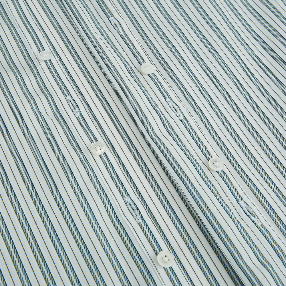 The OLIVE & SAGE GREEN MULTI TRACK STRIPE WESTMINSTER SHIRT by Turnbull & Asser features a classic Turnbull collar and long sleeves, showcasing British craftsmanship with its striped design, presented against a white background.