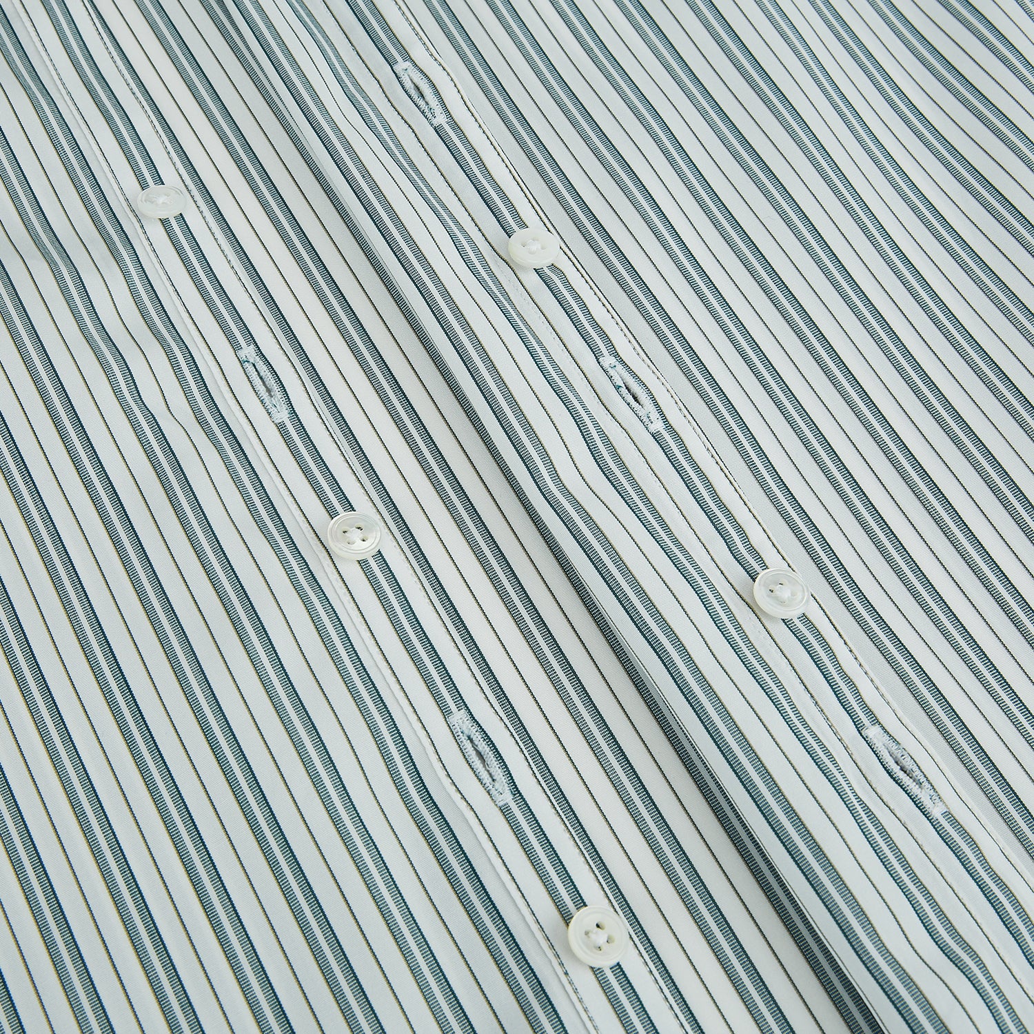 View 7 of product The OLIVE & SAGE GREEN MULTI TRACK STRIPE WESTMINSTER SHIRT by Turnbull & Asser features a classic Turnbull collar and long sleeves, showcasing British craftsmanship with its striped design, presented against a white background.