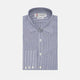 The Turnbull & Asser Navy and White Bengal Stripe Tailored Fit Shirt features blue and white vertical stripes, white buttons, and a streamlined silhouette, shown neatly folded against a plain white background.