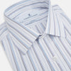 View 2 of product The Turnbull & Asser Blue Fine Multi Pinstripe Mayfair Shirt features long sleeves, an organic cotton build, a T&A collar, and vertical blue stripes. Laid neatly on a white background.