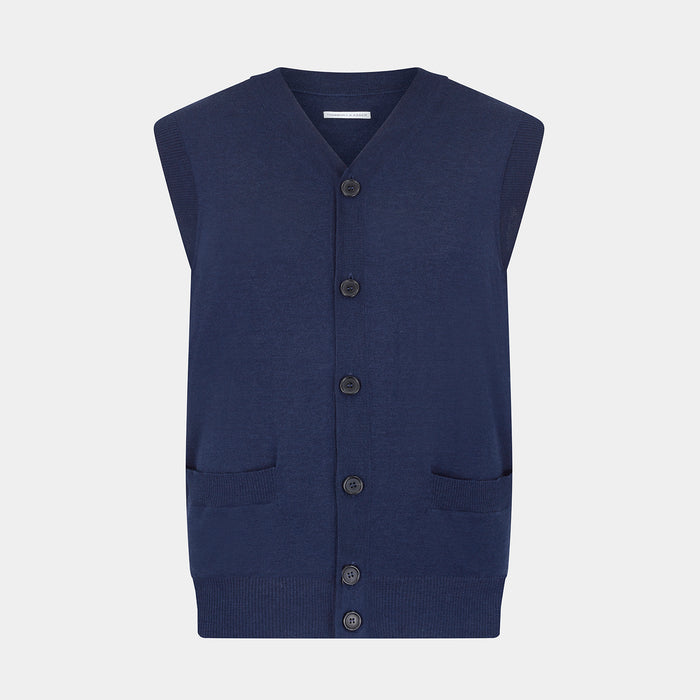 Navy Fine Merino V-Neck Sleeveless Cardigan Image 4