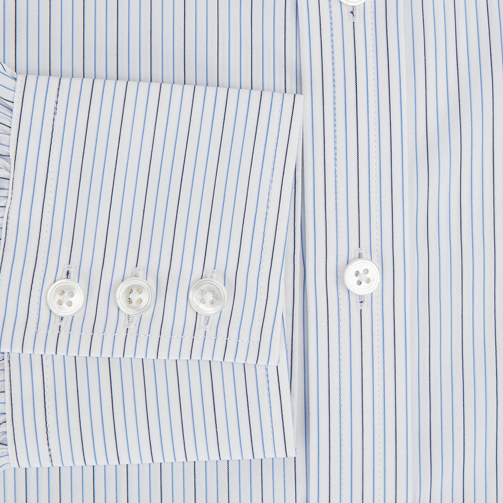 The Navy and Blue Pinstripe Mayfair Shirt by Turnbull & Asser, featuring a classic collar and crafted from premium Italian cotton, is shown against a white background.