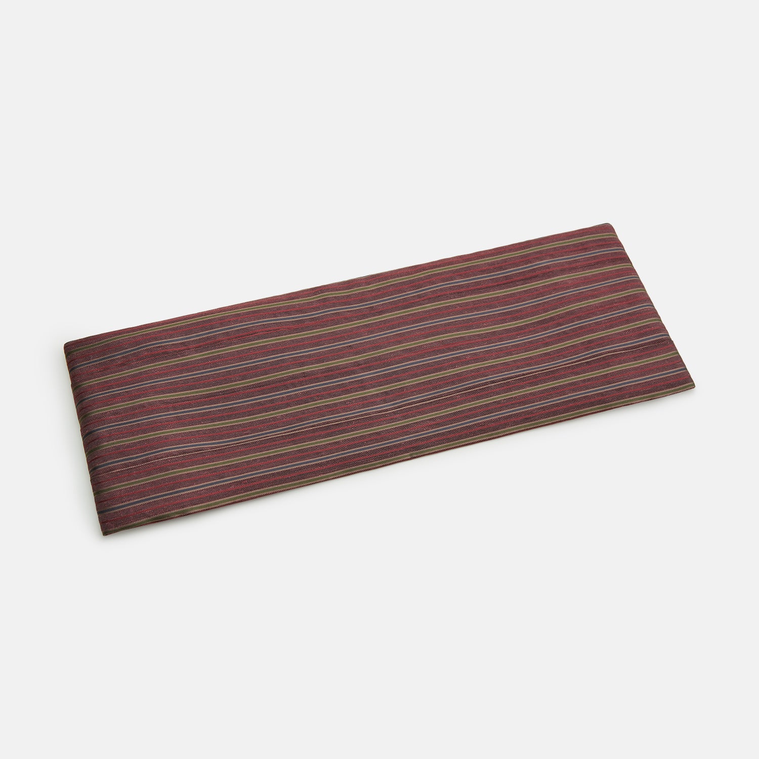 View 1 of product The Turnbull & Asser Claret and Green Multi Stripe Silk and Linen Cummerbund, featuring red, burgundy, green, and gold stripes reminiscent of sartorial elegance, is displayed on a plain white background.