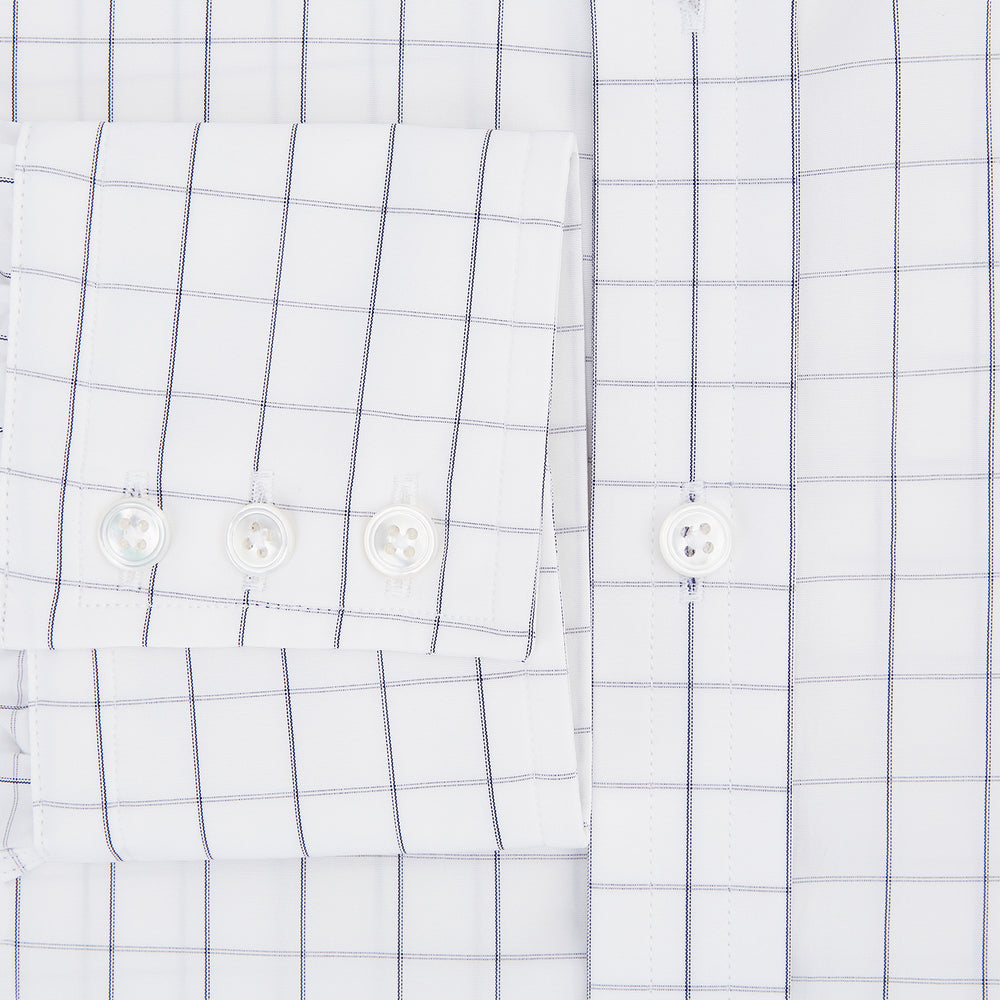 A long-sleeve, button-down Navy Blue Hairline Multi Stripe Mayfair Shirt by Turnbull & Asser is displayed flat against a white background.