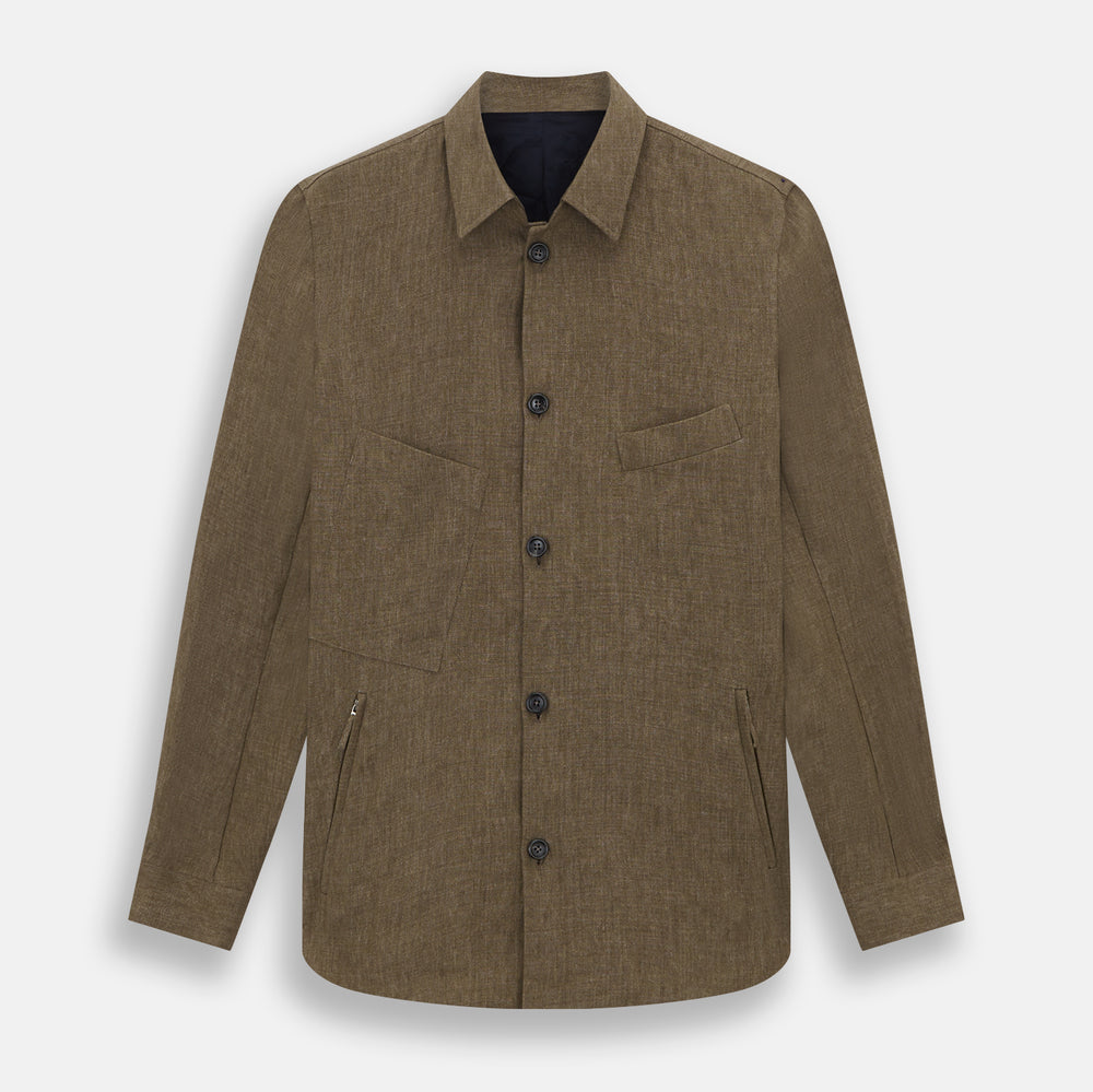 The Pine Cone Linen Holland Shacket by Turnbull & Asser is a brown men's lightweight outerwear piece with a collar, long sleeves, three front zip pockets, and black buttons, shown on a white background.