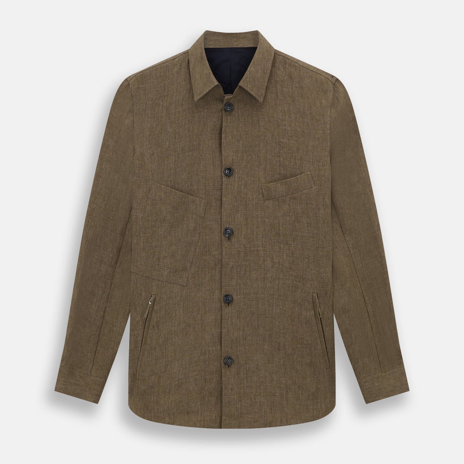 View 1 of product The Pine Cone Linen Holland Shacket by Turnbull & Asser is a brown men's lightweight outerwear piece with a collar, long sleeves, three front zip pockets, and black buttons, shown on a white background.