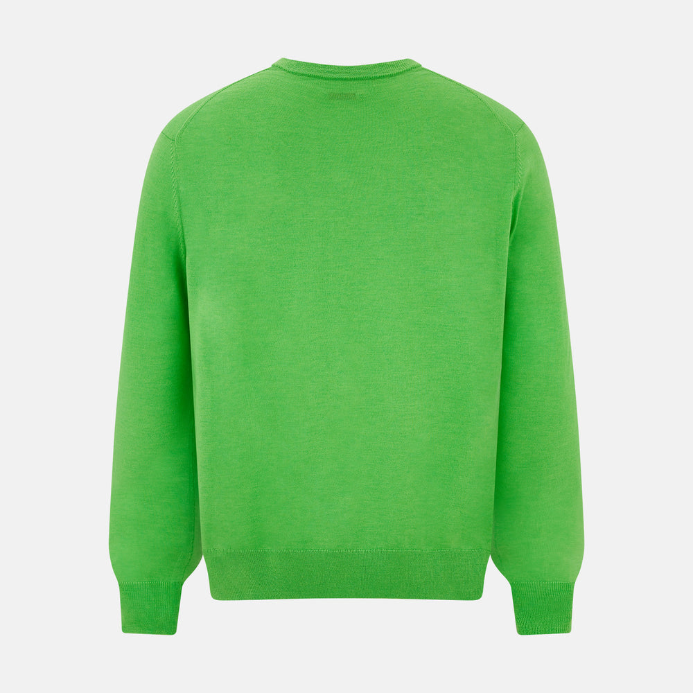 The Turnbull & Asser Lime Green Fine Merino V-Neck Jumper features ribbed cuffs and hem—a vibrant, standout knitwear choice for any wardrobe.