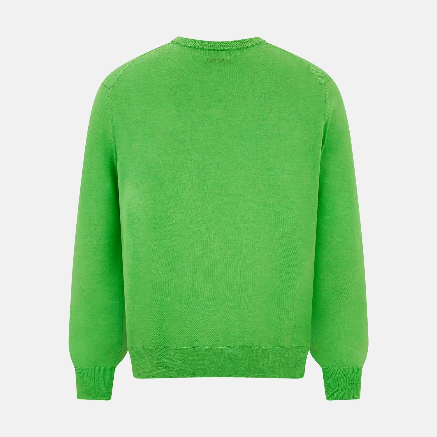 View 3 of product The Turnbull & Asser Lime Green Fine Merino V-Neck Jumper features ribbed cuffs and hem—a vibrant, standout knitwear choice for any wardrobe.