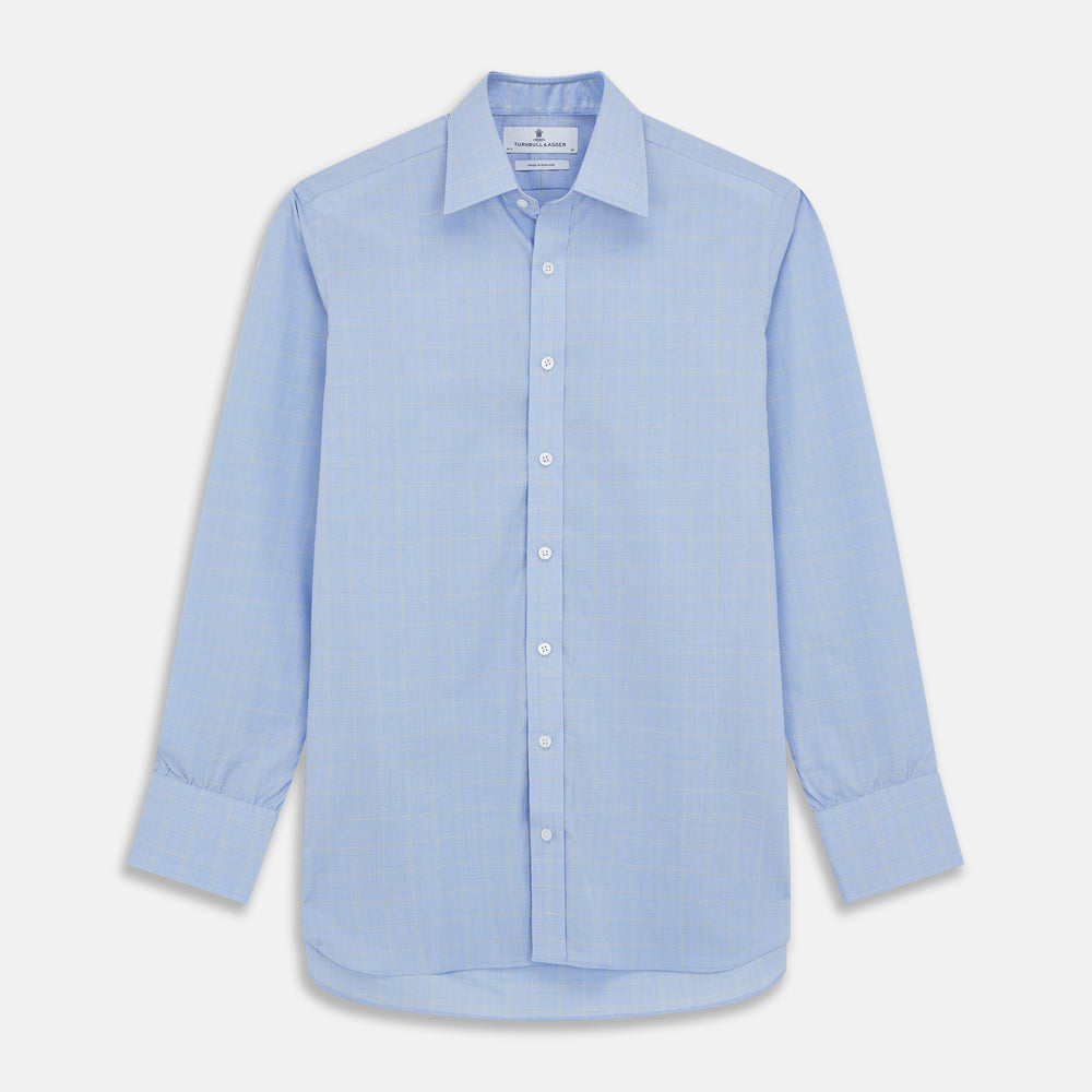 A Turnbull & Asser Yellow and Blue Prince of Wales Check Mayfair Shirt with white buttons and a classic collar, laid flat on a white background.