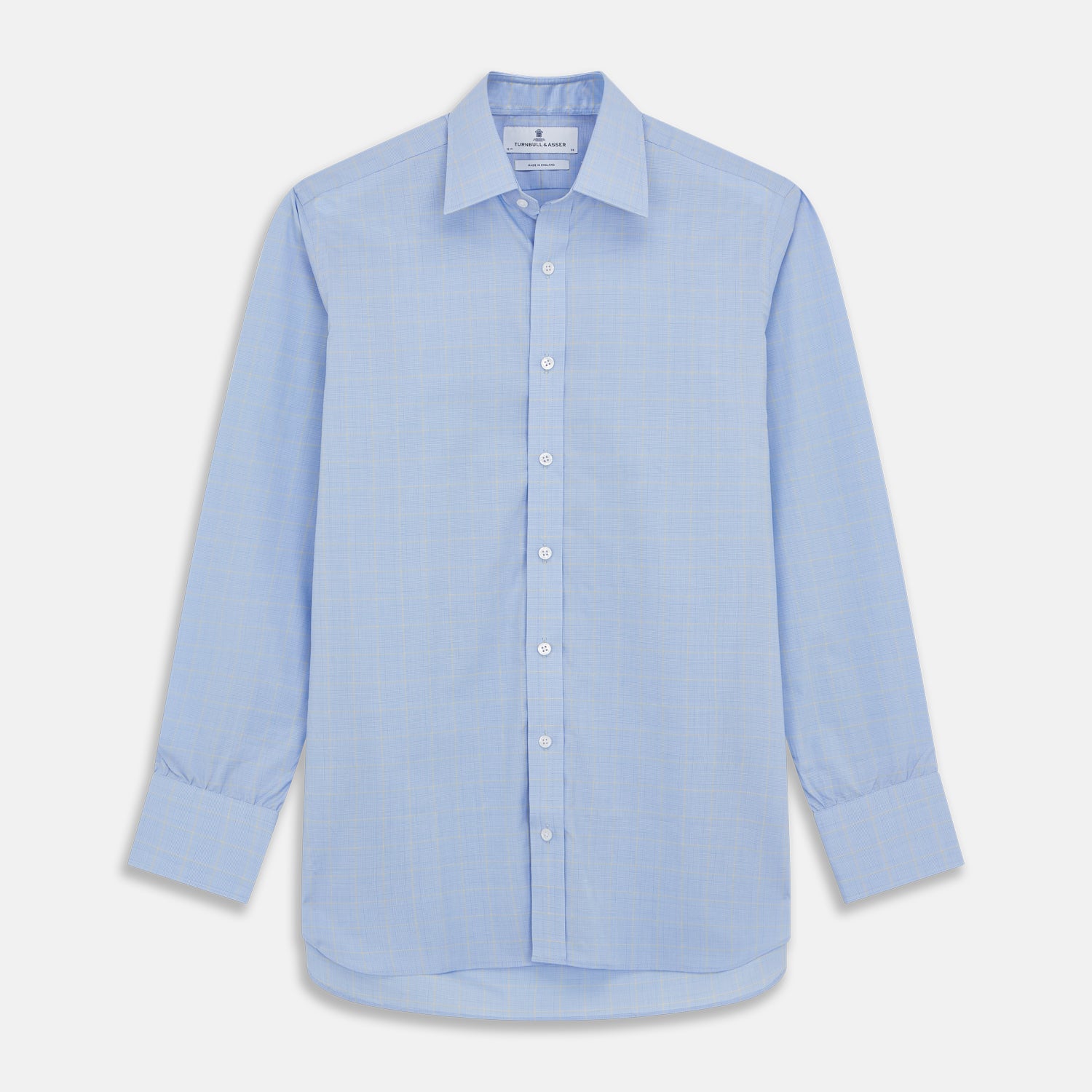 View 1 of product A Turnbull & Asser Yellow and Blue Prince of Wales Check Mayfair Shirt with white buttons and a classic collar, laid flat on a white background.