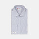 The Turnbull & Asser Slim Fit Blue Checked Shirt features long sleeves, contrasting white buttons, a regent collar, and distinct blue check pattern detailing on the cuff.
