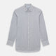 The Turnbull & Asser Grey Multi Stripe Mayfair Shirt features long sleeves, a classic collar, and thin vertical stripes in black and white, shown laid flat on a white background.