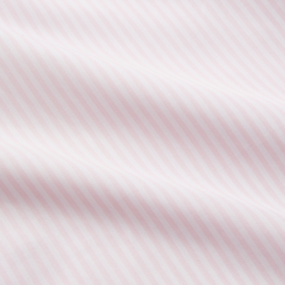 The Turnbull & Asser White and Pink Wide Stripe Belgravia Shirt features long sleeves, a classic collar, buttoned cuffs, and a wide stripe pattern—an elegant men's formal shirt from the Belgravia collection.