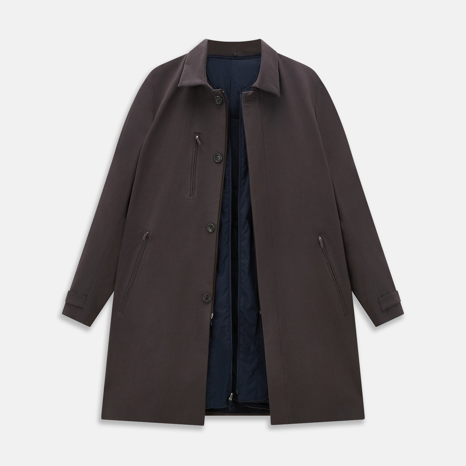 View 4 of product The Dark Chocolate John Arthur Trench Coat by Turnbull & Asser features a pointed collar, two large slanted side pockets, and a vertical chest pocket—a versatile 2-in-1 piece ideal for any occasion.