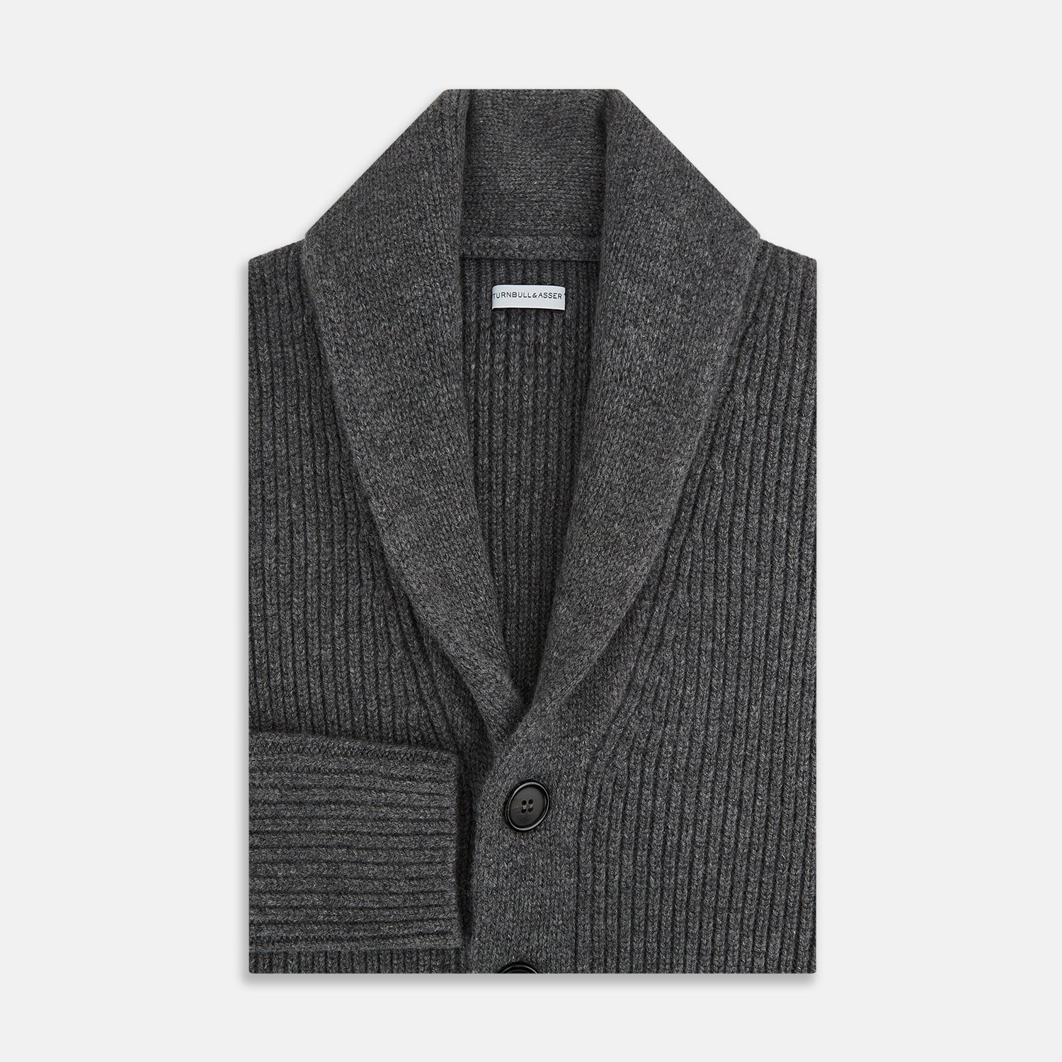 View 4 of product The Turnbull & Asser Shadow Grey Cashmere Shawl Collar Cardigan features ribbed detailing, a front button closure, and two front pockets, shown against a plain white background.