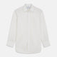 The Turnbull & Asser Yellow Multi Stripe Cotton Regular Fit Whitby Shirt features long sleeves, a classic collar, and thin yellow and blue stripes on white, displayed on a plain white surface.
