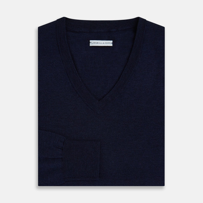 Navy Fine Merino V-Neck Jumper Image 8