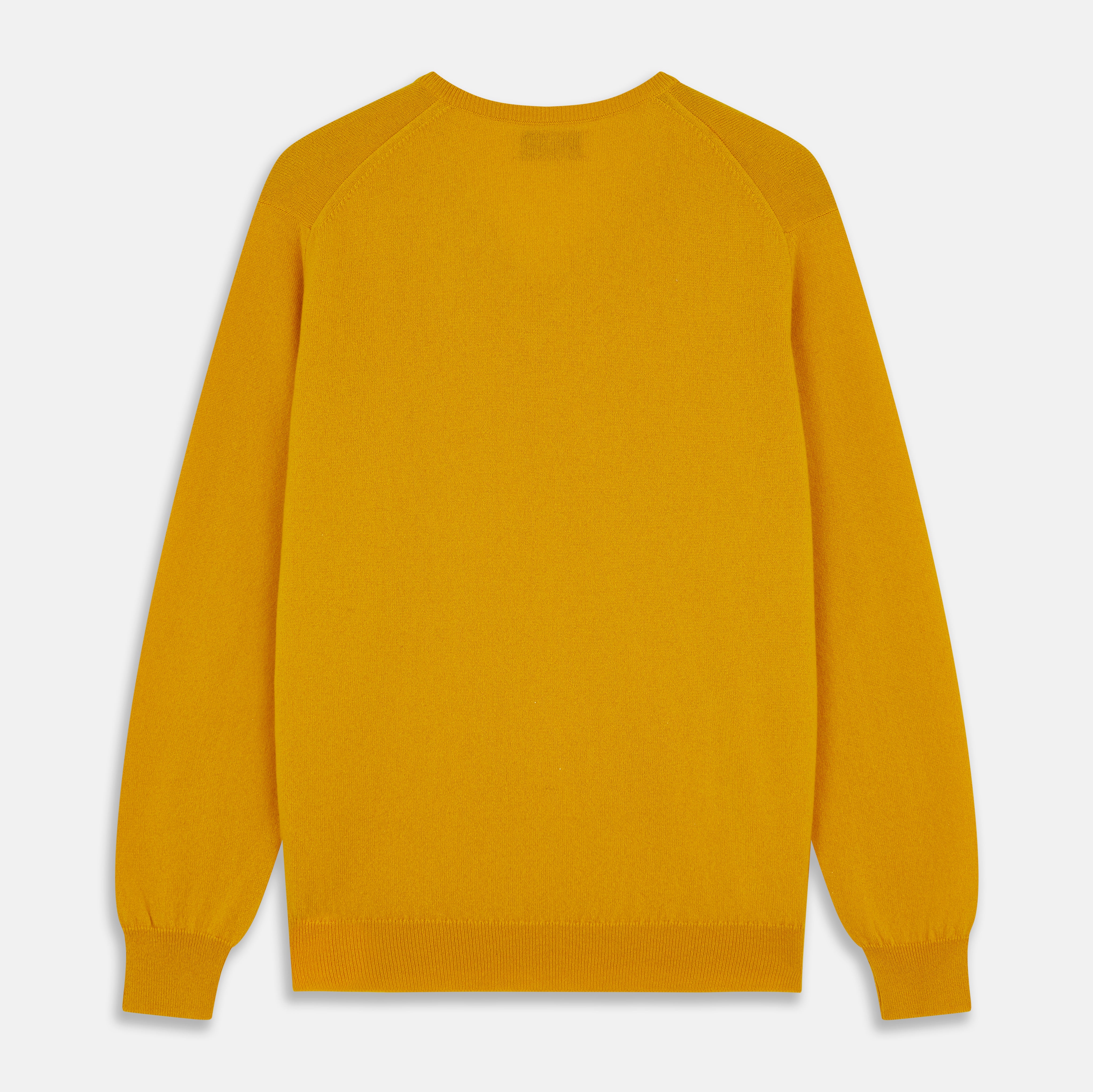 View 3 of product The Gold Paden Cashmere V-Neck Jumper by Turnbull & Asser features a bright yellow hue, long sleeves, ribbed cuffs and hem, and a classic design. It is shown laid flat on a white background.