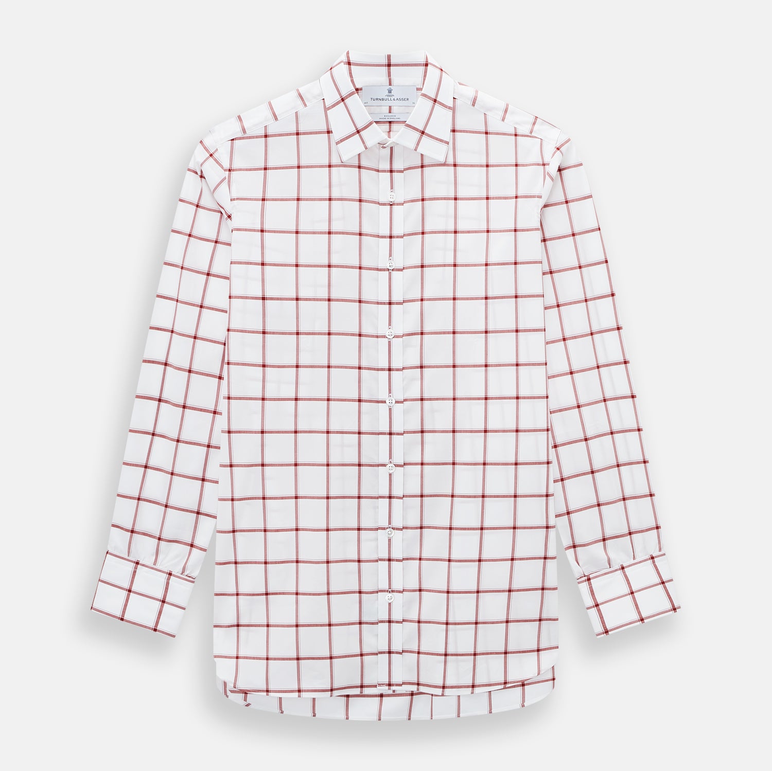 View 1 of product The Turnbull & Asser Dark Red Grid Check Mayfair Shirt is a long-sleeve white shirt made from Italian cotton, featuring a bold dark red grid pattern, button-down front, and classic collar, shown laid flat on a white background.