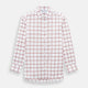 The Turnbull & Asser Dark Red Grid Check Mayfair Shirt is a long-sleeve white shirt made from Italian cotton, featuring a bold dark red grid pattern, button-down front, and classic collar, shown laid flat on a white background.
