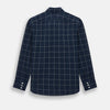 View 3 of product The Indigo and White Thin Plaid Check Windsor Shirt by Turnbull & Asser, a long-sleeve button-up with white buttons, is shown laid flat on a white background.