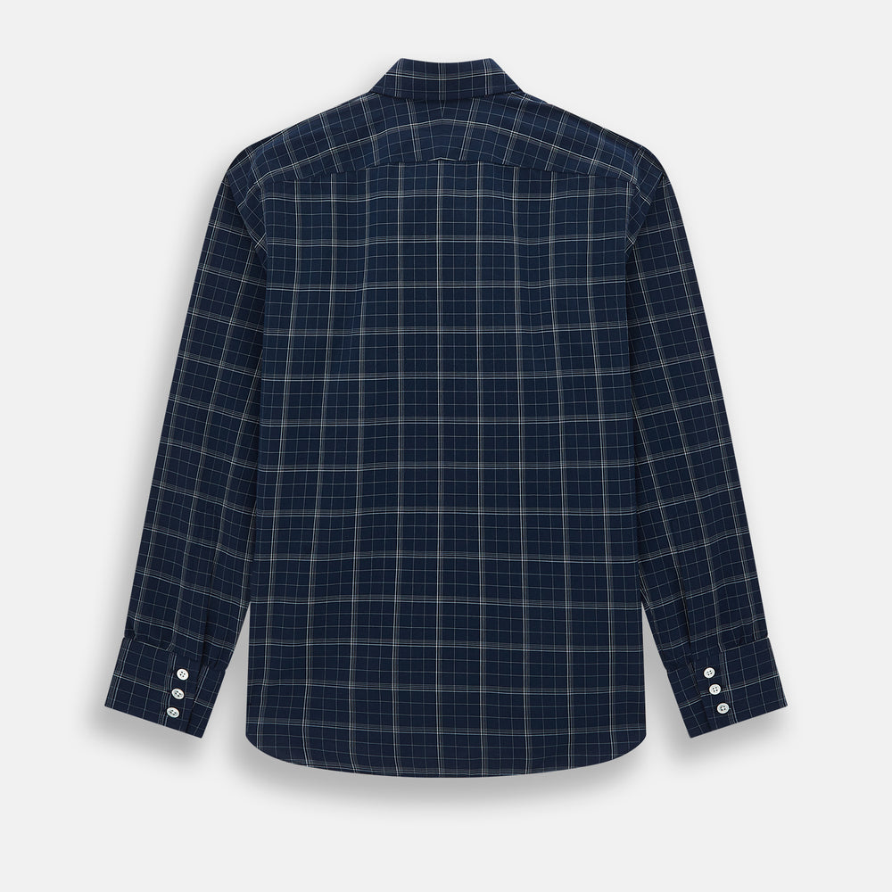 The Indigo and White Thin Plaid Check Windsor Shirt by Turnbull & Asser, a long-sleeve button-up with white buttons, is shown laid flat on a white background.